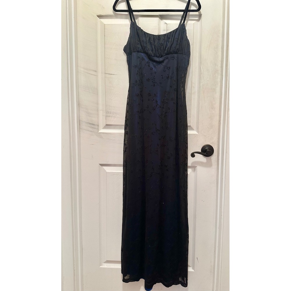 Vintage Y2K Black Blue Glitter Floral Mesh Satin Maxi Dress Size 11 Whimsigoth